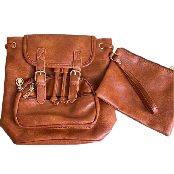 Source Unknown Handbags - NWOT caramel faux leather purse backpack with clutch